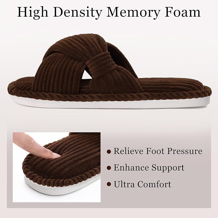 Evshine Fall House Slippers for Women Corduroy Cross Bow Indoor Slippers Open Toe Slip On Bedroom Shoes with Memory Foam