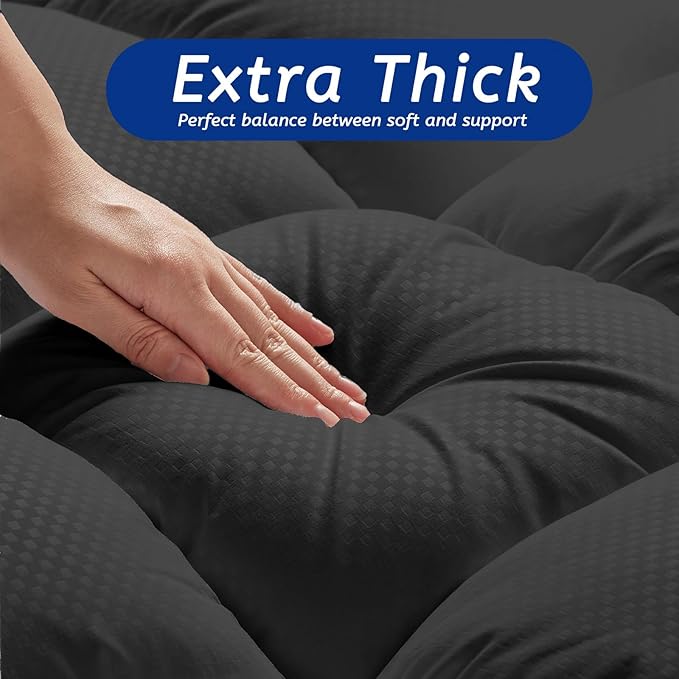 King Size Mattress Topper for Back Pain, Cooling Extra Thick Mattress Pad Cover with 8-21 inch Deep Pocket, Plush Pillow Top Mattress Topper Overfilled with Down Alternative, King Size, Black