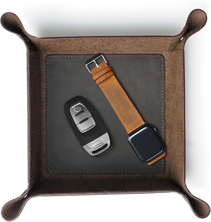 Handmade Leather Catch All Tray and Organizer for Keys, Phones, Jewels, Coins, Square - Small, Deep Brown