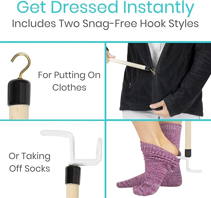 Vive Dressing Stick for Elderly (27”) - with Zipper Puller & Sock Remover Tool - Aid for Pants - Accessories for Daily Living, Assistant Device No Bending for Seniors - After Shoulder Surgery Helper