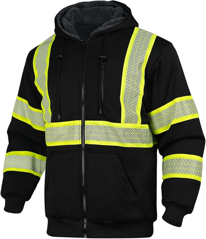 Hi Vis Hoodie Reflective Safety Jacket for Men,Class 3 High Visibility Sweatshirt Zipper for Work Construction