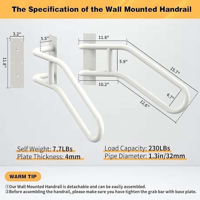 Left Side Wall Mounted handrail, Garge Door Stair Railing for 1-3 Steps(Polished White, Left Side, 230LBs Loading)
