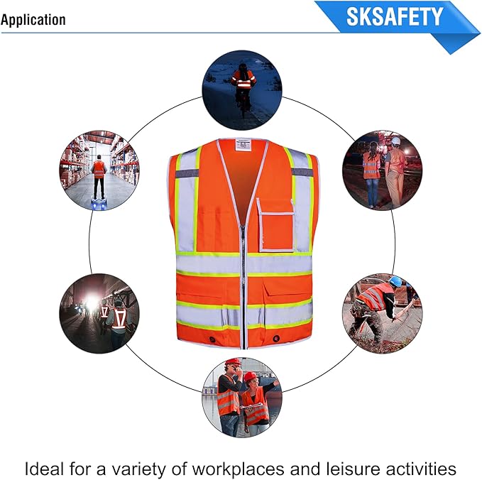 SKSAFETY 10 Pockets Safety Vest, Class 2 High Visibility Security with Zipper, Hi Vis Vest with Reflective Strips, ANSI/ISEA Standard, Construction Work Vest for Men ＆ Women （Orange, 2XL）