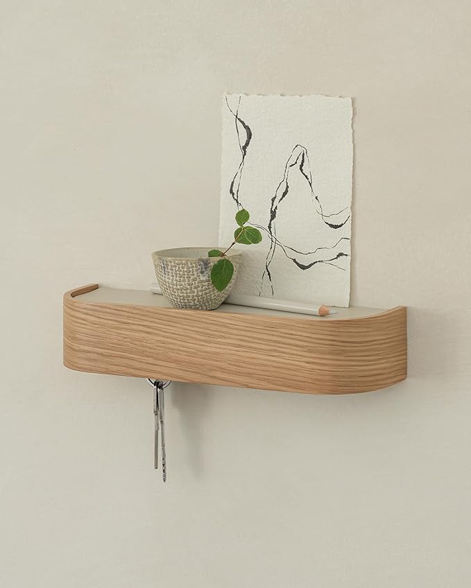 Kazai. Key Holder 'Toke' | Minimalist Key Hook Design from Berlin | Modern Key Holder Wall Mount with Wooden Shelf | Key Rack for Wall as Entryway Organizer | Oak