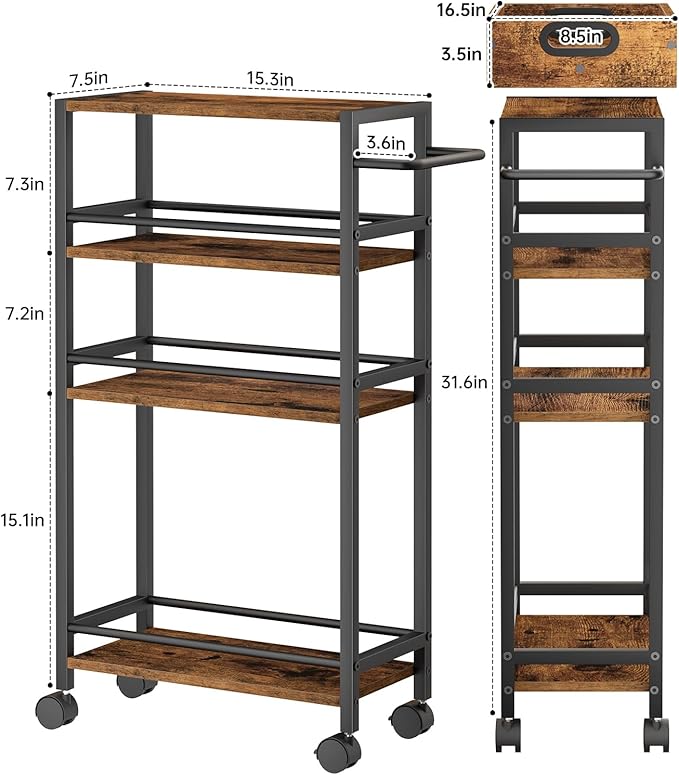 Slim Storage Cart, 4 Tier Rolling Cart with Handle, Rolling Carts with Wheels, Metal Frame Narrow Cart for Small Spaces for Kitchen, Dining Room, Bathroom, Laundry Room, Office