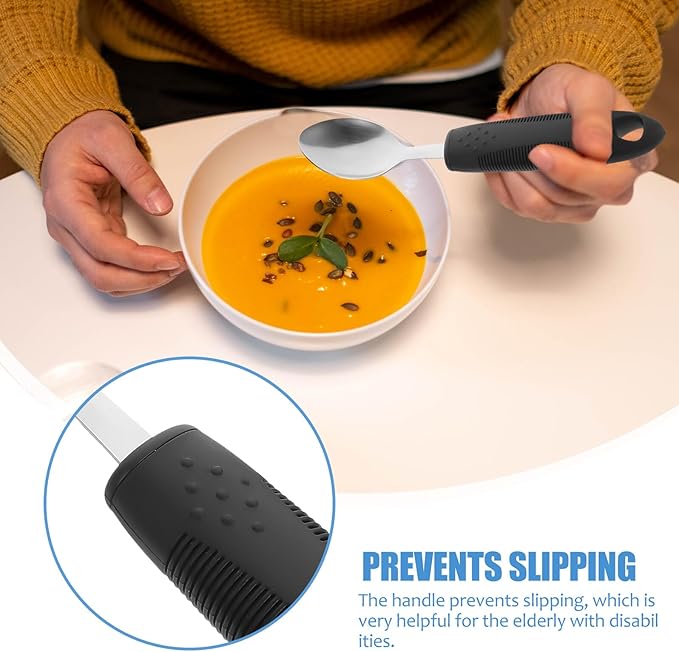 Tremble Adaptive Tableware for Elderly and Disabled Adults Lightweight Non-Slip Stainless Steel Utensils with Comfort Grip Handles Black Handle Cutlery for Arthritis and Hand