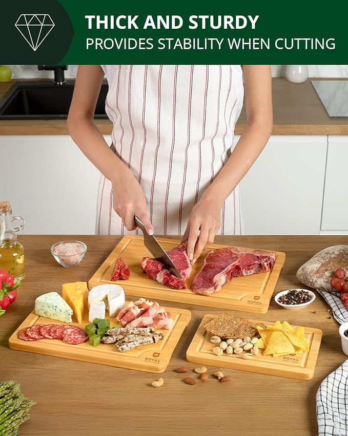 ROYAL CRAFT WOOD Premium Cutting Boards for Kitchen Meal Prep & Serving - Bamboo Wooden Serving Board Set with Deep Juice Groove Side Handles - Charcuterie & Chopping Butcher Block for Meat