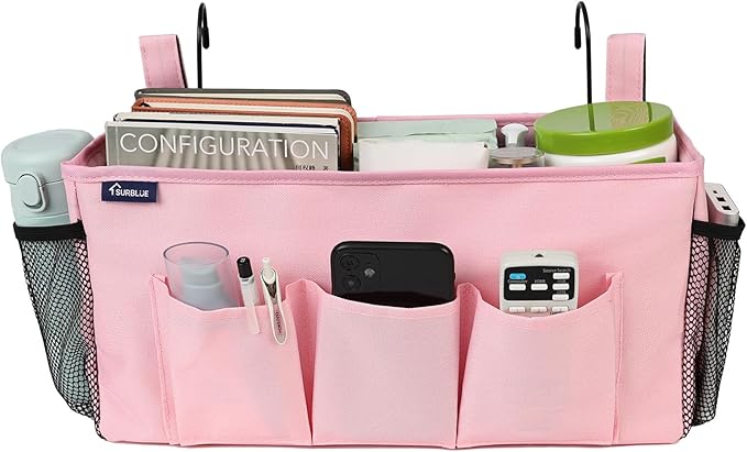 Surblue Bedside Organizer with Hook & Caddy Hanging Storage Bag with Adjustable Straps and Water Bottle Holder for Home, College, Dorm Bunk Bed & Crib Bed Rails Accessories, Pink