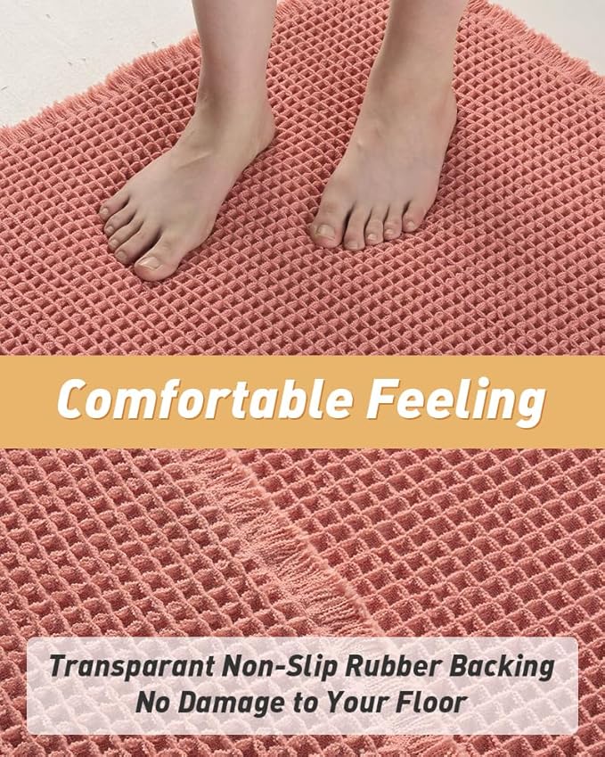 AMOAMI Upgraded Waffle Bath Mat, Super Absorbent Non Slip Bath Mats for Bathroom Floor, Machine Washable Bathroom Rugs with Tassels, Rubber Backed Bathroom Mats, Ultra Soft, 20" x 32", Coral