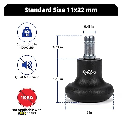Sytopia Office Chair Bell Glides Replacement, Fixed Feet Wheel Stopper for Swivel Chairs and Stools, 7/16" x 7/8" Stem, Separate Self-Adhesive Felt Pads, Non-Slip Base, Quiet & Easy Install, 5 Pack
