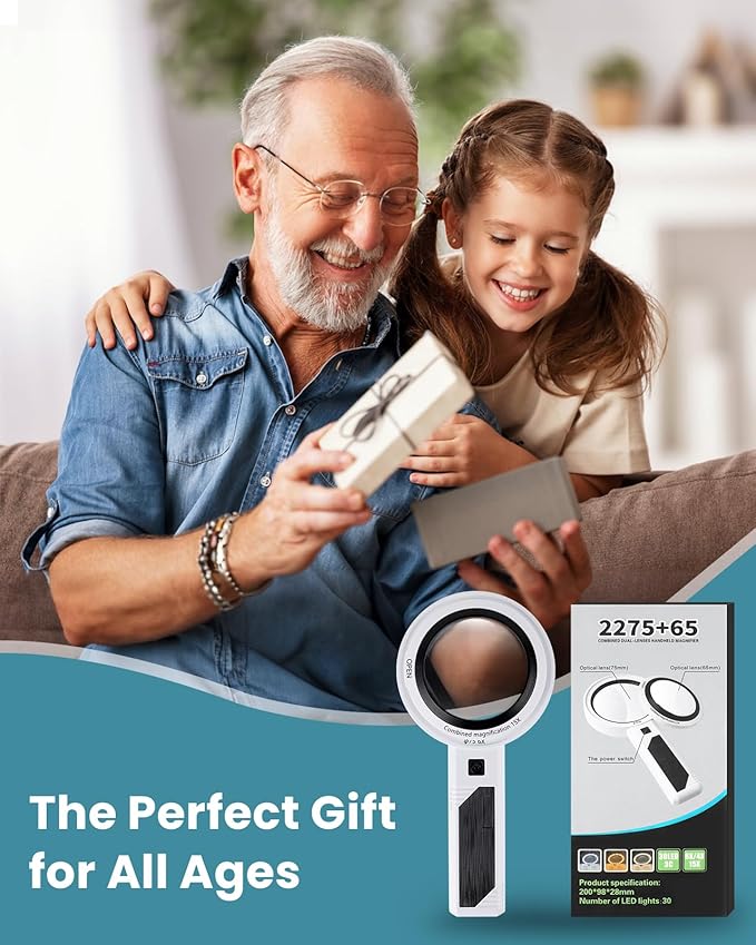 6X/15X Magnifying Glass with Light, lighted magnifying glass for Reading, Handheld Magnifier with 30 LED Light and Anti-Glare Lens, Ideal Gift for Seniors, Macular Degeneration, Low Visions