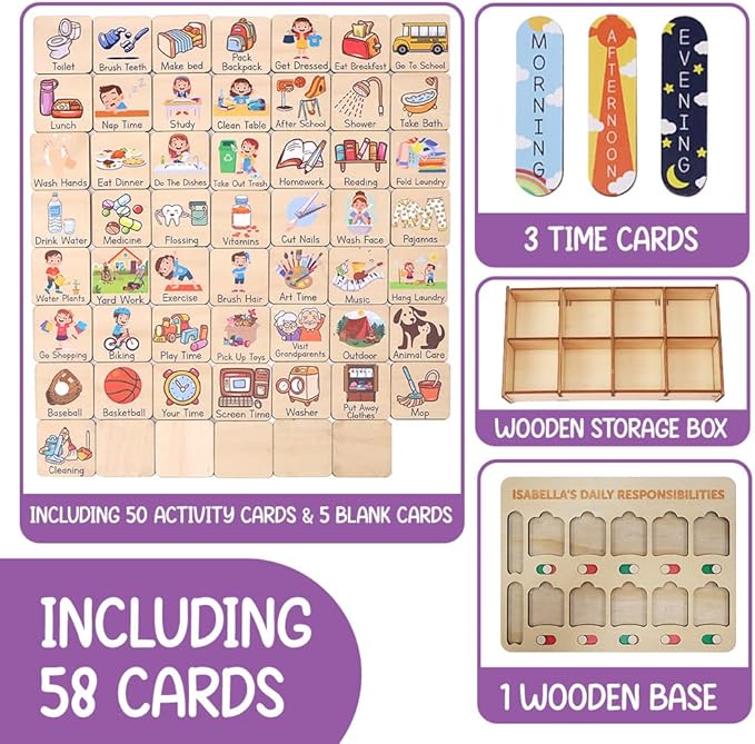 Wooden Chore Chart for Kids Visual Schedule, Routine Chart for Kids, Morning Bedtime Routine Chart for Toddlers Ages 2-4, Daily Kids Schedule Board for Home (05)