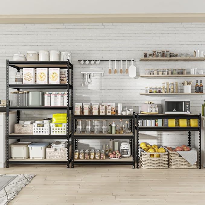 60" H x28 W x12 D: Father&I 5-Shelf-Storage-Rack Metal+Wood Garage/Kitchen Pantry Shelves Steel Utility Stand Shelving Unit Adjustable Heavy-Duty Shed Closet/Attic/Laundry Organizer, Black