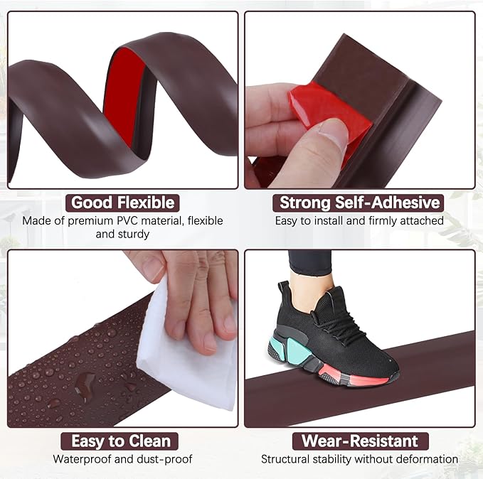 Vinyl Door Threshold Flooring Transition Strip Self Adhesive Carpet Edging Strip for Laminate Doorway Edge Threshold from 2/5" to 3/5" (Coffee, 10 Ft)