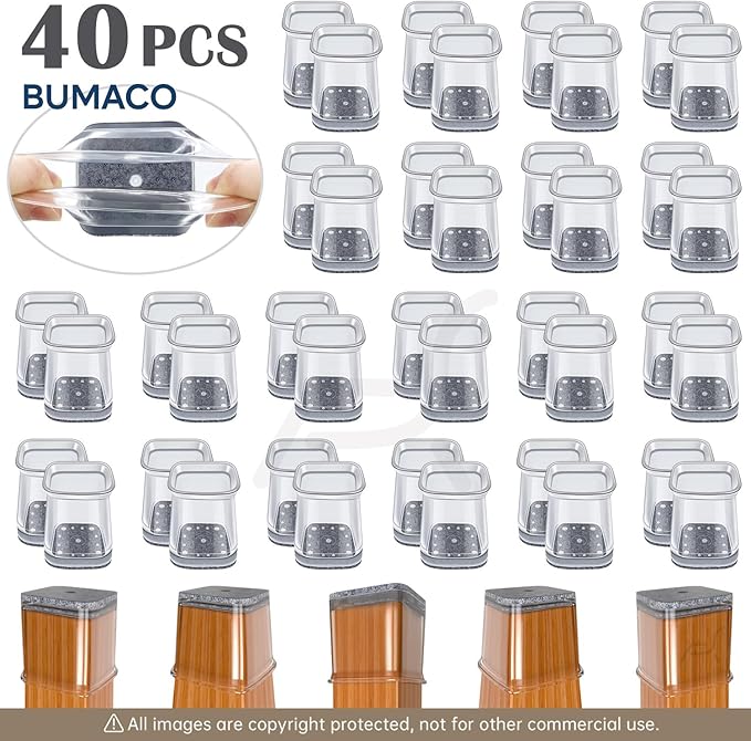 BUMACO Chair Leg Floor Protectors Square Chair Leg Protectors for Hardwood Floors Silicone Pads Covers to Protect Floors Clear-40 Pcs Square S Fit (3/4" to 1")
