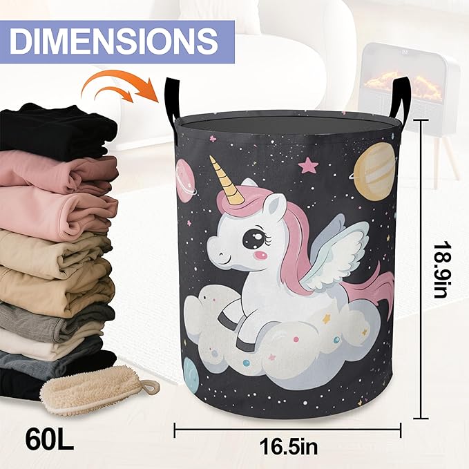 Laundry Basket,Cute Unicorn Large Canvas Fabric Lightweight Storage Hamper Organizer Dirty Clothes Collapsible Waterproof for College Dorms,Bathroom