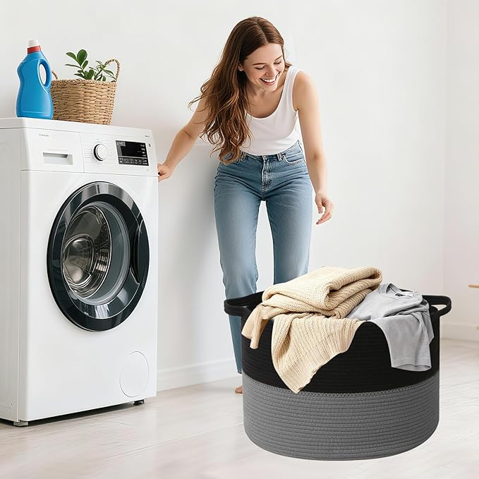 Large Storage Basket with Handle,19.7"x 19.7"x 13" Blanket Basket Storage Bins for Organizing,65L Cotton Rope Woven Baskets for Living Room, Nursery ,Bedroom,Black&Dark Grey