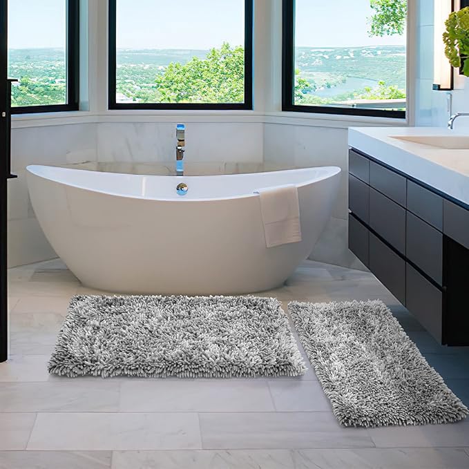 Yimobra Bathroom Rug Set 2 Piece, Luxury Shaggy Bath Mat Set with Non Slip Backing, Ultra Soft & Absorbent Mats for Bathroom Floor, Machine Washable, 44"x24"+24"x17", Light Grey
