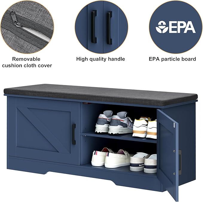 2-Tier Storage Bench, 39.4" Wide Shoe Bench with Padded Seat Cushion, Entryway Bench with 2 Barn Doors and Adjustable Shelf, Blue