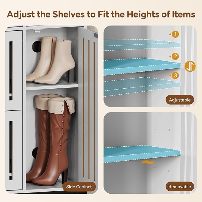 Shoe Cabinet with 2 Flip Cabinets & Side Cabinet, Shoes Cabinet with Adjustable Shelves, Shoe Storage Organizer for Entryway, Hallway Living Room, Space-Saving, White