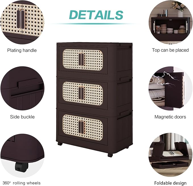 4 Tiers Folding Storage Cabinet,20" Side Wide Stackable Storage Bins with Doors and Wheels, Space Saving Plastic Cabinet for Living Room, Office, Dorm, Retro Brown