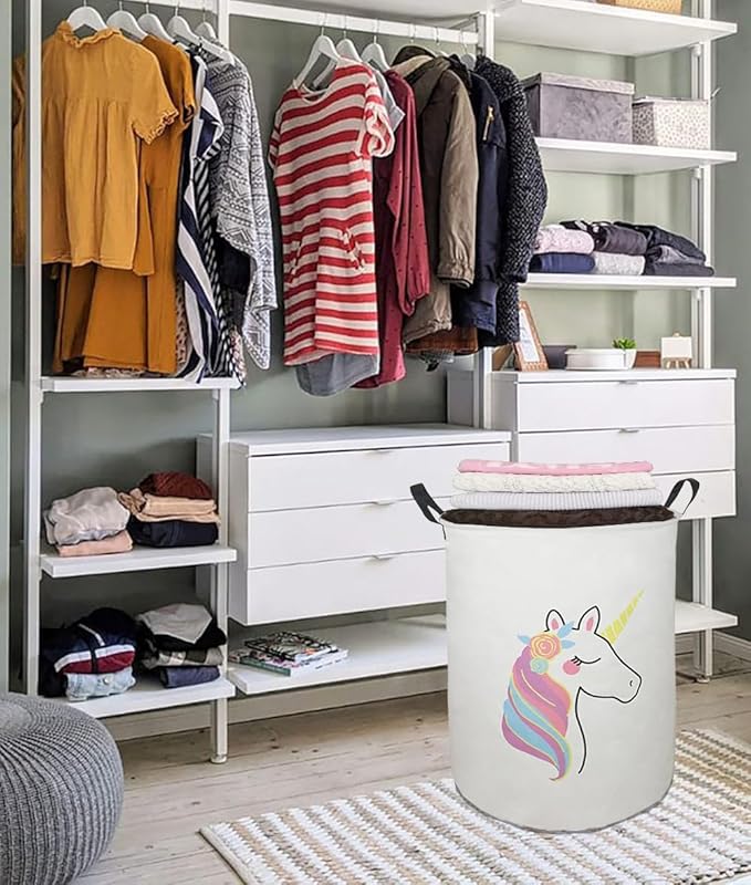 19.7 Inch Round Laundry Clothes Hamper Laundry Basket with Handles,Storage Organizer Bins Laundry Gift Basket for Room, Bedroom Decor (Single Unicorn)