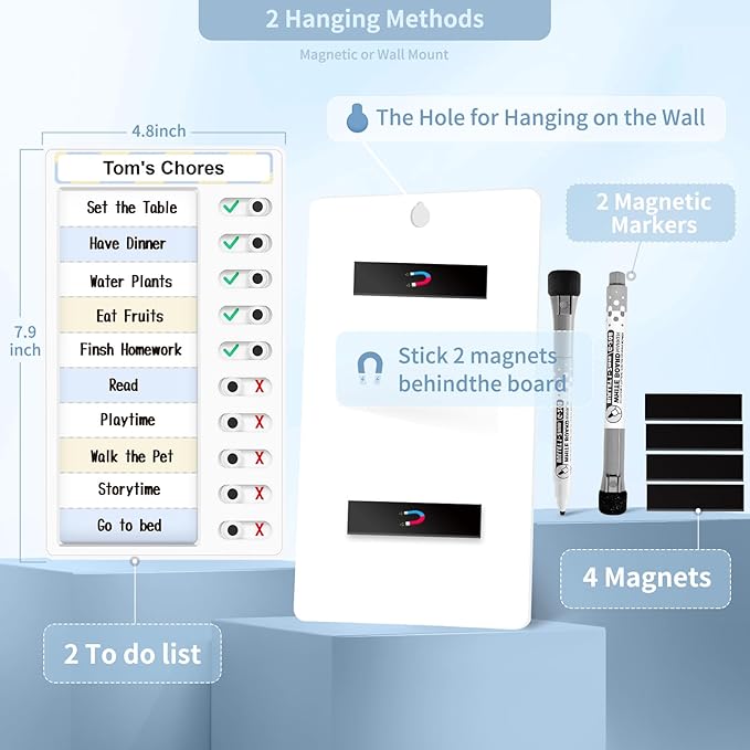 Chore Chart for Kids – Daily Routine Chart, Morning/Bedtime Checklist, Magnetic to Do List, Dry Erase Visual Schedule, and Slider Chart for Fridge
