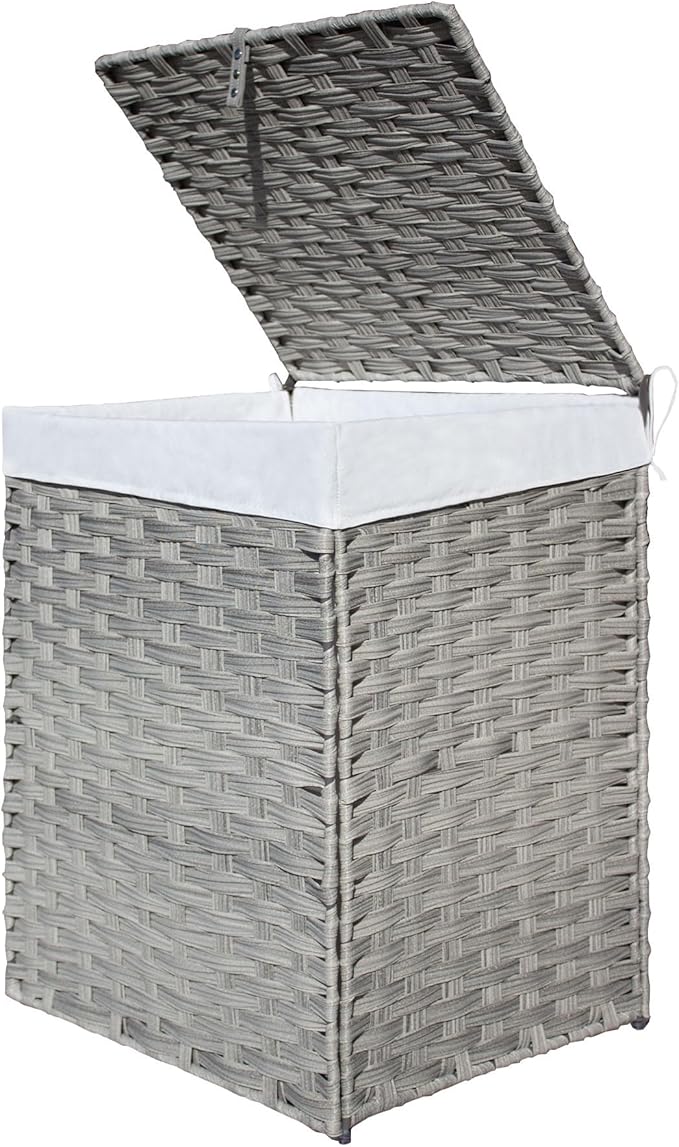 Woven Rattan Laundry Hamper with Lid & Handles,90L Foldable Laundry Basket Includes Machine Washable Removable Liner with 2 Compartments for Storage Basket for Bedroom, Bathroom(Gray)