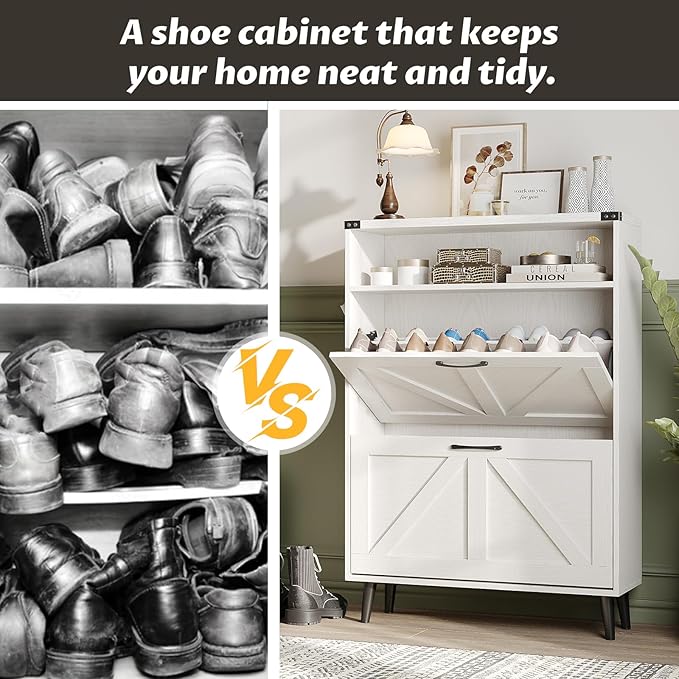 Shoe Cabinet with 2 Flip Drawers & Open Storage,Farmhouse Shoe Storage Cabinet for Entryway,Freestanding Narrow Organizer Rack with Legs,Foyer,Hallway,White