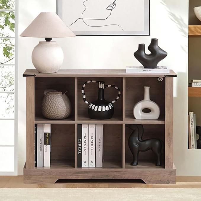 6 Cube Bookcase, Wooden Cube Storage Organizer Shelf, Grey Horizontal Book Shelf with LED Lights, Freestanding Display Cabinet for Living Room, Hallway TV Stand for Entryway