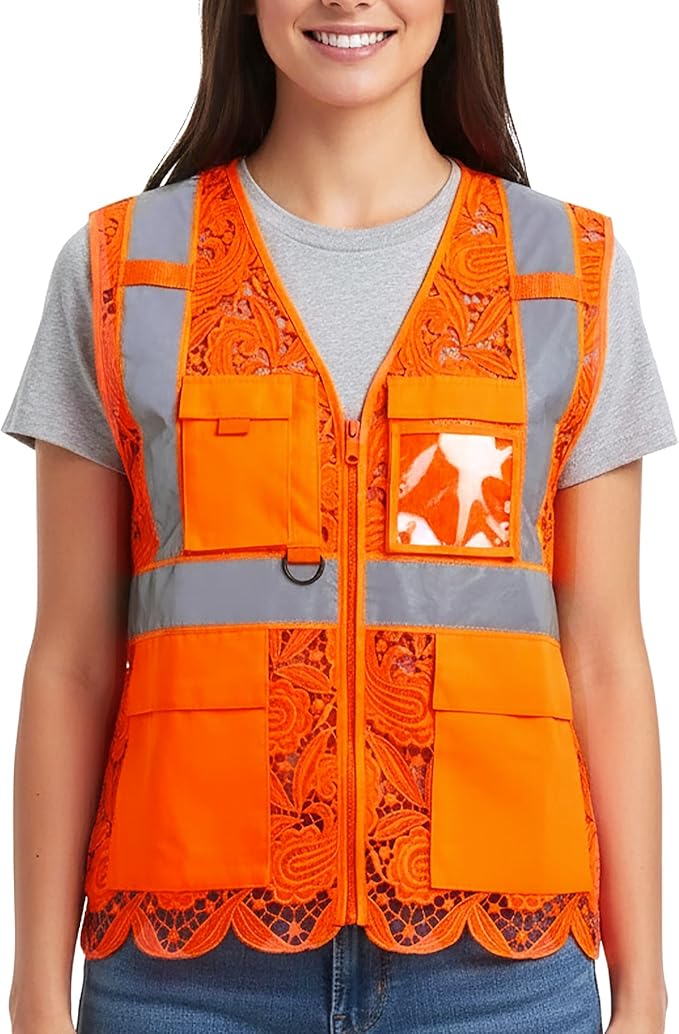 Lace-Mesh Safety Vest for Women & Men - Breathable, High Visibility Vest with Zipper & ANSI Class 2 Reflective Strips