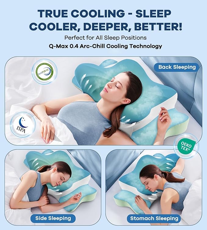 Cervical Pillow for Neck Pain Relief, Cooling Ergonomic Memory Foam Pillow with Ice Silk Pillowcase, Dual-Height Orthopedic Contour Support Pillow for Side,Back,Stomach Sleepers, CertiPUR-US Certified