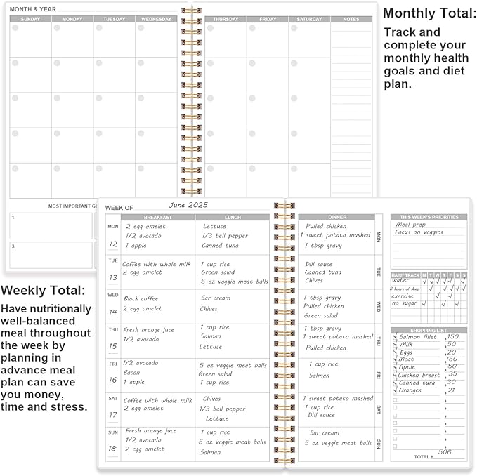 Weekly Meal Planner - A5 Weekly Meal Prep Journal with Shopping and Grocery Lists, 186 Pages Healthy Diet & Weight Loss Tracking, Undated, 52 Weeks, Lasts 1 Year, Blue Flower