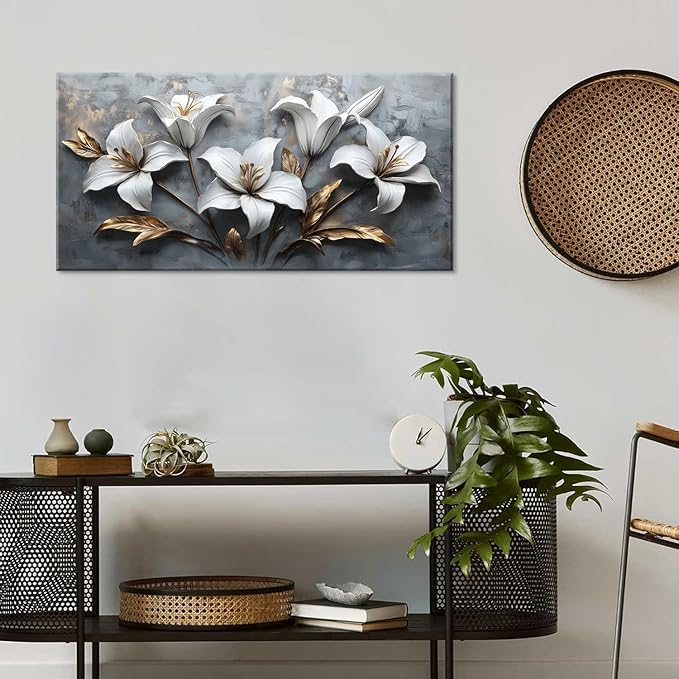 White Flowers Wall Art for Bedroom Canvas Painting Prints Beautiful Floral Gold Leaves Gray Modern Artwork Office Girls Decor