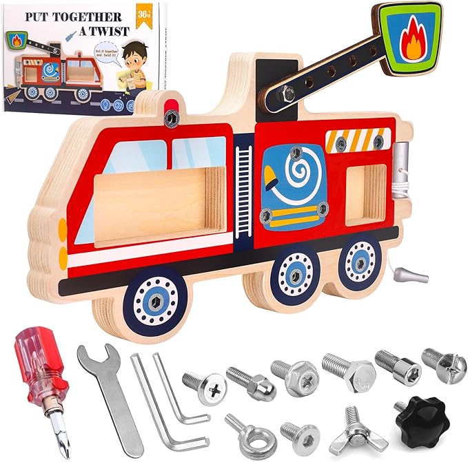 Montessori Screwdriver Busy Board Fire Truck – Wooden STEM Fine Motor Skills Sensory Learning Toy for Kids Ages 3–6, Great Gift for Boys and Girls