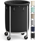 SONGMICS 29-Gallon (110 L) Laundry Basket with Wheels, Rolling Round Heavy-Duty Laundry Hamper Cart with Steel Frame and Removable Bag, 2 Locking Wheels, Ink Black and Metallic Silver URLS002B01