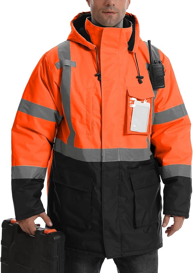 Reflective Jacket, High Visibility Parka, Waterproof Hi Vis, Safety Jacket with Removable Hood and Zipper, ANSI Class 3 (Orange,2XL)