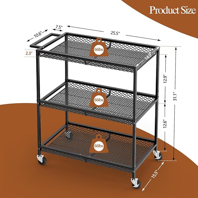 3 Tier Rolling Utility Kitchen Cart, Heavy Duty Wire Rolling Cart on Wheels, Commercial Metal Serving Carts with Handle, Kitchen Island Plant Shelf Food Storage Trolley for Laundry, Office, Garage