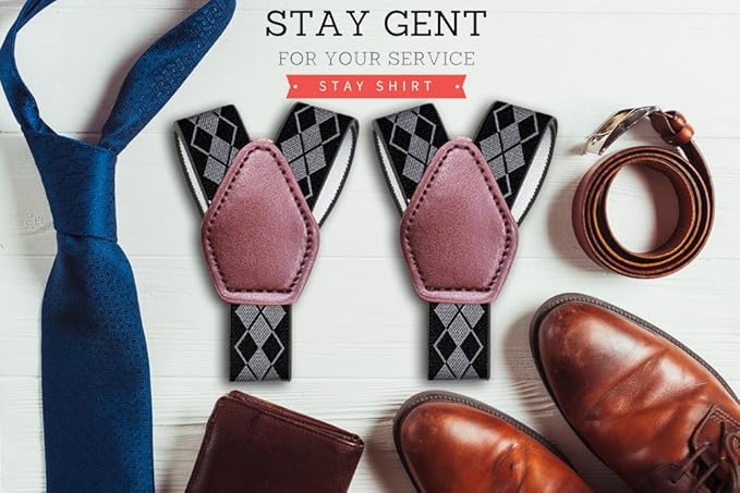 STAY GENT Y-Style Shirt Stays For Men with Non-Slip Locking Clamps and Adjustable Elastic Straps