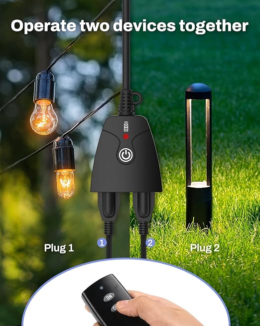 HBN Outdoor Wireless Remote Control Outlet Plug,Weatherproof Heavy Duty Power Strip,Indoor Electrical Plugs for Light Switch,6-inch Cord,100ft Range, 2 Remote Controls(15A,Dual 3-Prong Outlets)