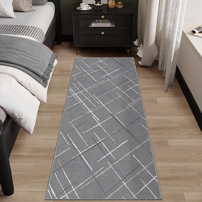 Modern Line Washable Runner Rug 2x6, Gray Non-Slip Hallway Rug, Woven Non-Shedding Thin Runners for Entryway, Kitchen, Laundry Room