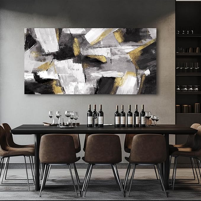 SOUGUAN Black and Gold Block Canvas Art Modern Wall Decor for Living Room Abstract Wall Art White Painting 24x48 Inch Office Hanging Artwork