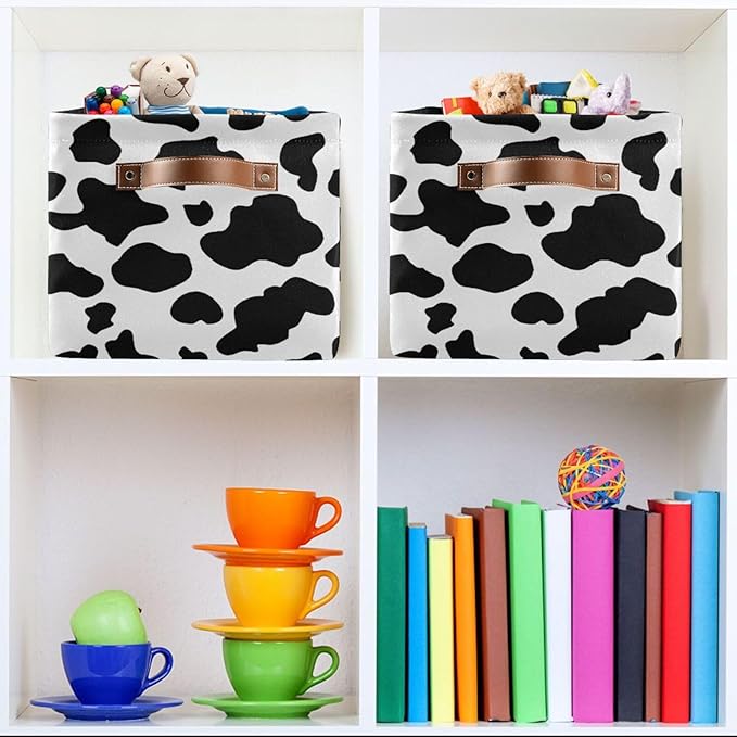 Black White Cow Skin Print Storage Basket Cube Storage Bins Organizer Bag Collapsible Closet Shelf Baskets with handle for Cloth Book 14.2×10.2×8.3 IN