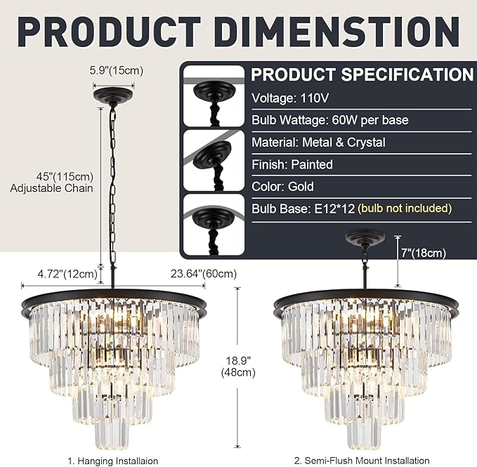 4-Tiers 23.6" Black Modern Crystal Chandelier 12-Light Crystal Pendant Ceiling Light Fixture Hanging Lighting for Entryway Dining Room Bedroom Living Room Foyer High Ceiling