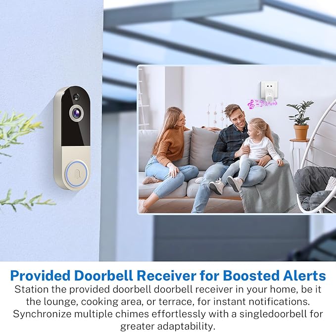1080p Wireless Doorbell Camera with Receiver, AI Human Detection, 2-Way Audio, Night Vision, Cloud Storage (Sold Separately), Real-Time Alerts, Rechargeable Battery-Powered, 2.4Ghz Wi-Fi
