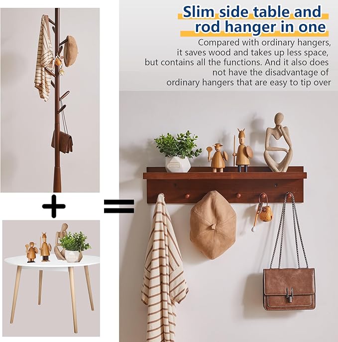 Coat Hook Wall Mount with Shelf, 23.62in Wood Wall Hooks with Storage, for Entryway, Bathroom, Kitchen, Walnut Color YD-WS0260H