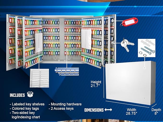 Barska 600 Position Key Cabinet – Wall Mount Key Safe with Numbered Hooks, Index Log Sheet, Colored Tags, Adjustable Dividers, Steel Construction for Office or Commercial Use