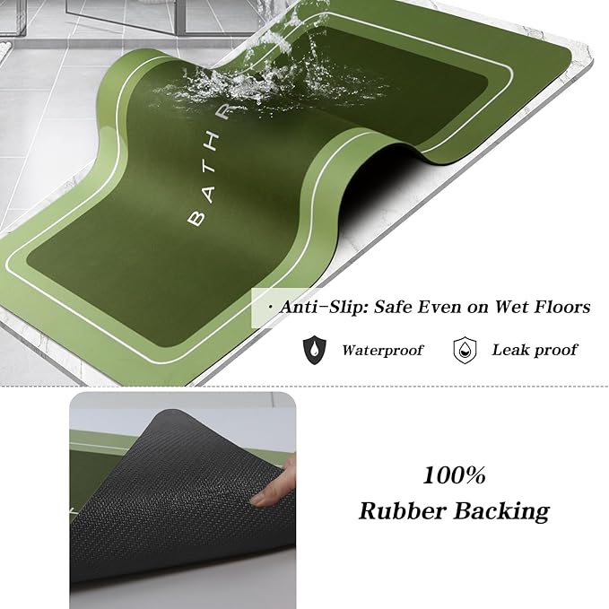 Bath Mat, Bathroom Mat Rugs Super Absorbent Shower Mats Non Slip Quick Dry Thin Rubber Mats for Bathroom Floor Fit Under Door, Shower Rug for Bathtub, Shower, Green