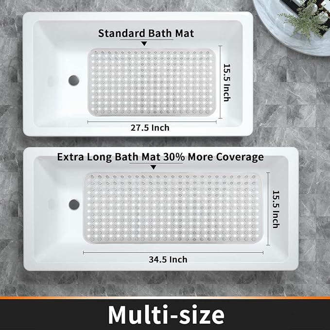 Yimobra Non Slip Bath Mat, Super Strong Suction Cups,34.5"x15.5"Long Tub Mat with Drain Holes, Machine Washable Fast Draining Shower Mats, Bathroom Essentials,Clear