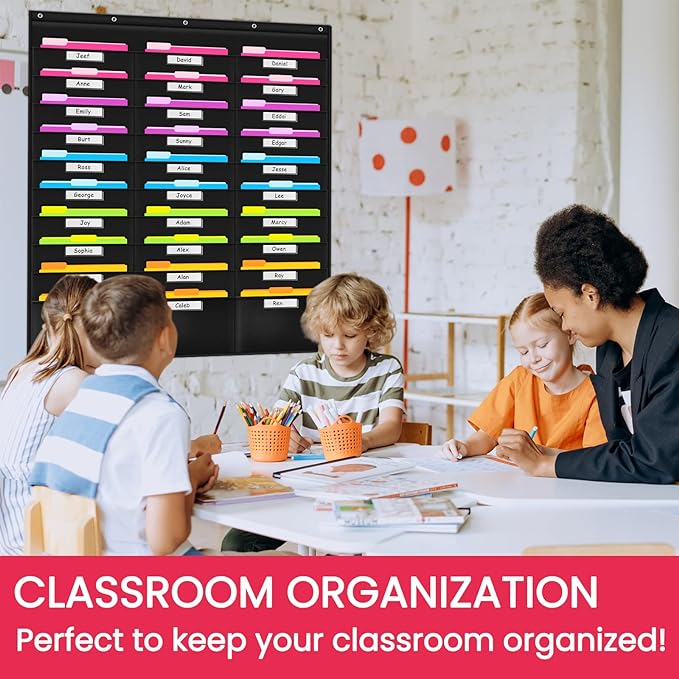Godery School Pocket Chart, 30 Signatory Pocket, Heavy Duty Hanging File Folders Pocket Chart Cascading Organizer & 5 Hangers Hooks, Perfect for Classroom, School, Office or Home Use